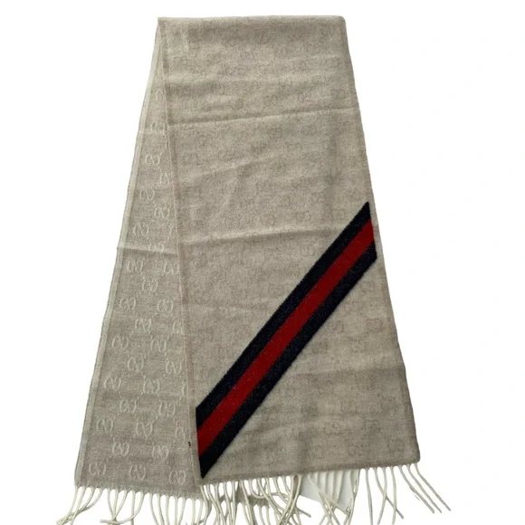 💝💝💝GUCCI AUTHENTIC NEW Wool  Monogram Web Scarf, beige/blue/red💝💝💝 - Picture 4 of 15